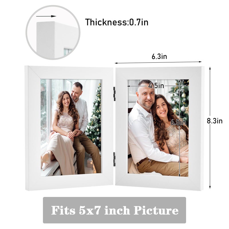 Frametory, 5x7 Double Picture Frame - Real Glass Hinged 2 Photos Collage, Desktop Picture Frame Standing Vertical (White, 1 Pack) - Image 2